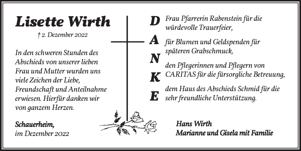  Traueranzeige für Lisette Wirth vom 31.12.2022 aus Neustadt/ Scheinfeld/ Uffenheim