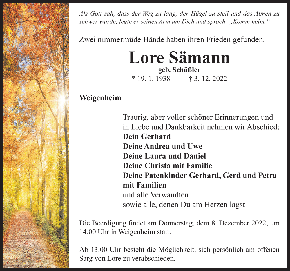  Traueranzeige für Lore Sämann vom 06.12.2022 aus Neustadt/ Scheinfeld/ Uffenheim