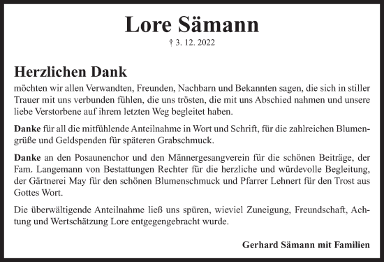 Traueranzeige von Lore Sämann von Neustadt/ Scheinfeld/ Uffenheim