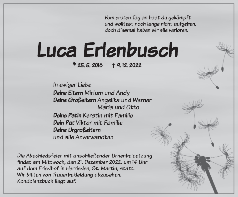  Traueranzeige für Luca Edenbusch vom 19.12.2022 aus Ansbach