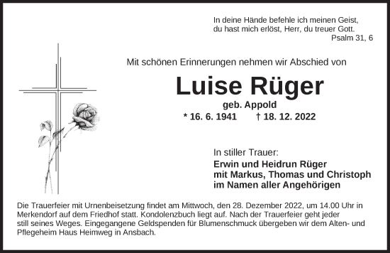 Traueranzeige von Luise Rüger von Ansbach