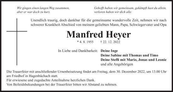 Traueranzeige von Manfred Heyer von Neustadt/ Scheinfeld/ Uffenheim