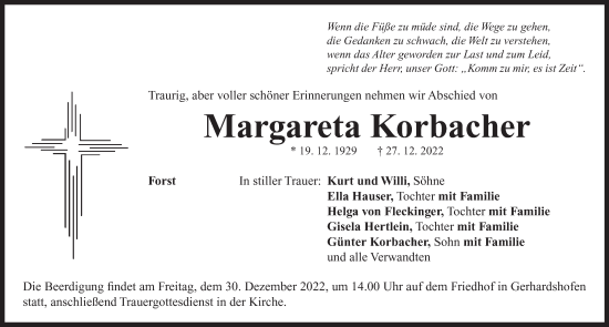Traueranzeige von Margareta Korbacher von Neustadt/ Scheinfeld/ Uffenheim