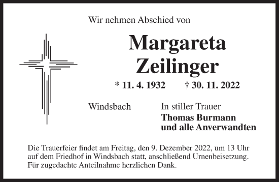 Traueranzeige von Margareta Zeilinger von Ansbach