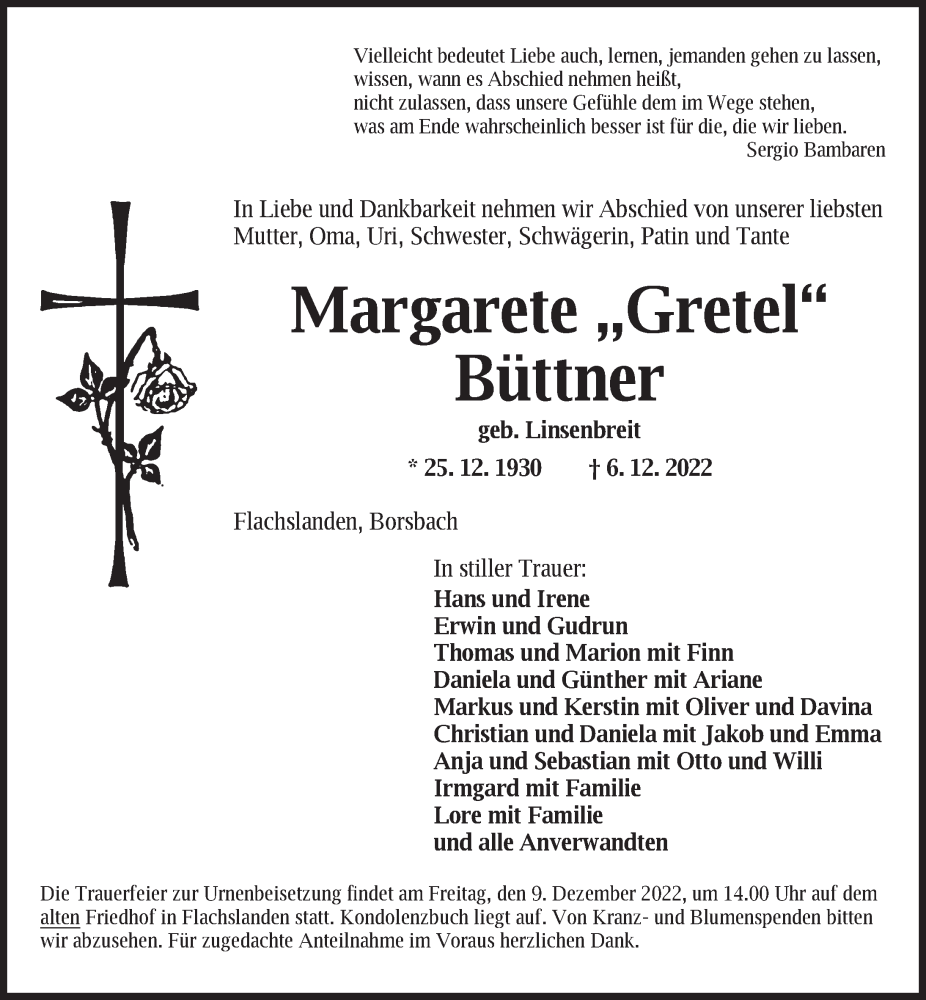  Traueranzeige für Margarete Büttner vom 08.12.2022 aus Ansbach
