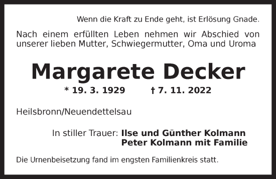 Traueranzeige von Margarete Decker von Ansbach