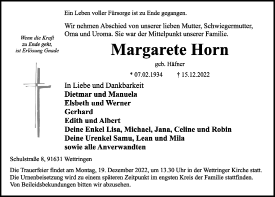 Traueranzeige von Margarete Horn von Rothenburg