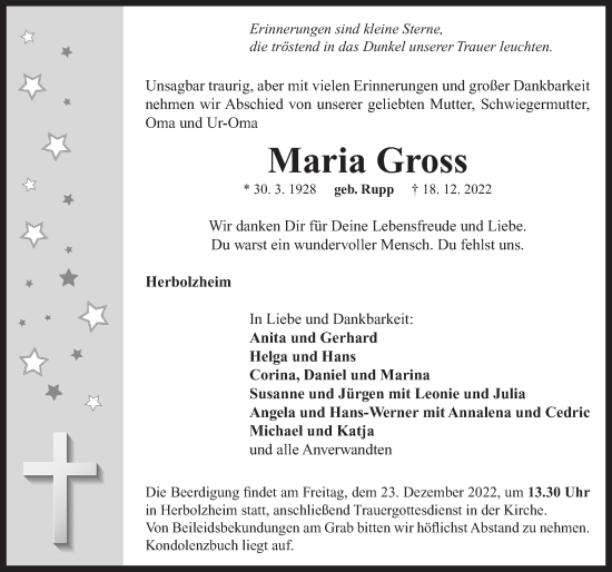 Traueranzeige von Maria Gross von Neustadt/ Scheinfeld/ Uffenheim