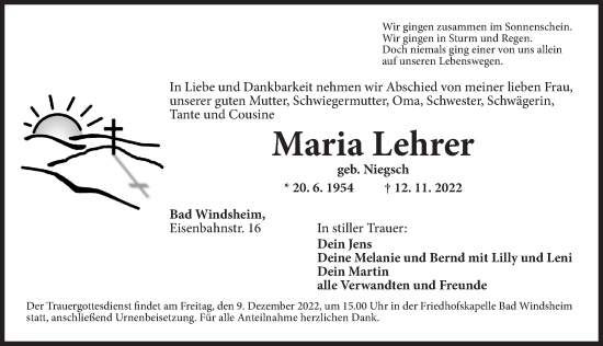 Traueranzeige von Maria Lehrer von Neustadt/ Scheinfeld/ Uffenheim