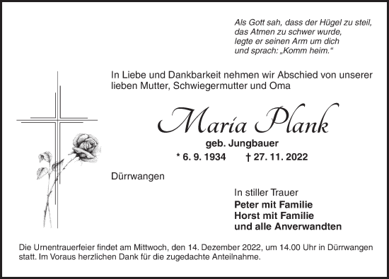 Traueranzeige von Maria Plank von Dinkelsbühl/ Feuchtwangen