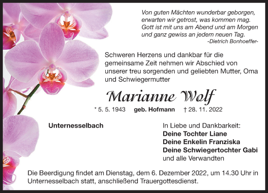 Traueranzeige von Marianne Wolf von Neustadt/ Scheinfeld/ Uffenheim