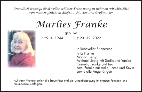 Traueranzeige von Marlies Franke von Dinkelsbühl/ Feuchtwangen