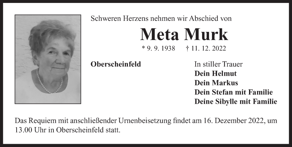  Traueranzeige für Meta Murk vom 15.12.2022 aus Neustadt/ Scheinfeld/ Uffenheim