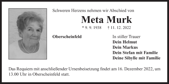 Traueranzeige von Meta Murk von Neustadt/ Scheinfeld/ Uffenheim