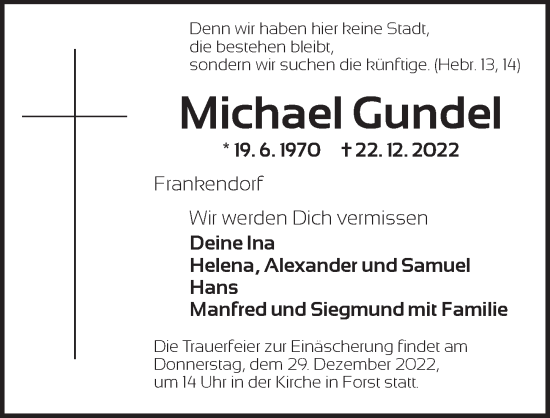 Traueranzeige von Michael Gundel von Ansbach