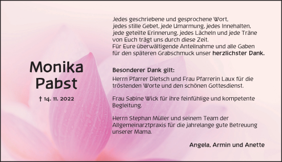 Traueranzeige von Monika Pabst von Ansbach