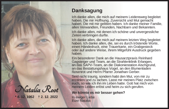 Traueranzeige von Natalia Root von Neustadt/ Scheinfeld/ Uffenheim