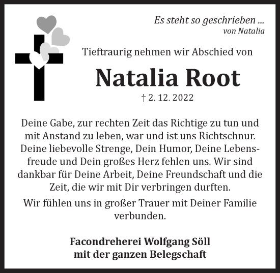 Traueranzeige von Natalia Root von Neustadt/ Scheinfeld/ Uffenheim