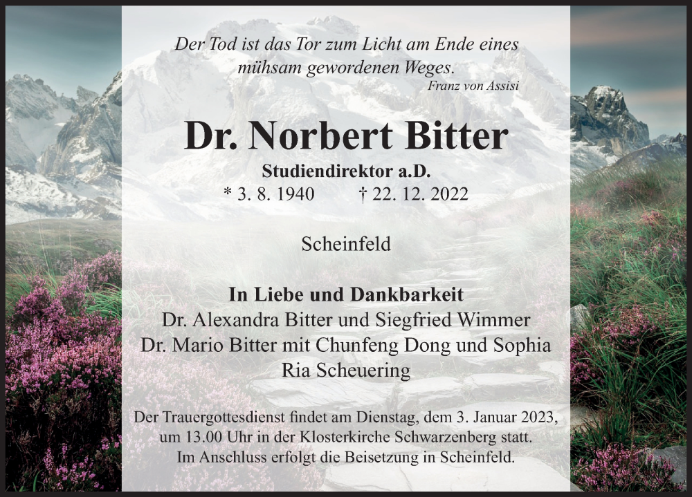  Traueranzeige für Norbert Bitter vom 31.12.2022 aus Neustadt/ Scheinfeld/ Uffenheim