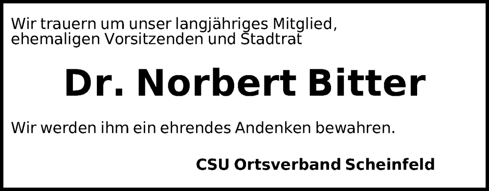  Traueranzeige für Norbert Bitter vom 31.12.2022 aus Neustadt/ Scheinfeld/ Uffenheim