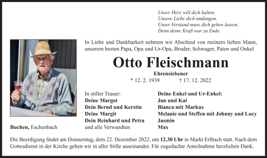 Traueranzeige von Otto Fleischmann von Neustadt/ Scheinfeld/ Uffenheim