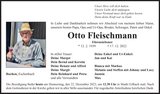 Traueranzeige von Otto Fleischmann von Neustadt/ Scheinfeld/ Uffenheim