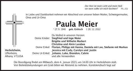 Traueranzeige von Paula Meier von Neustadt/ Scheinfeld/ Uffenheim