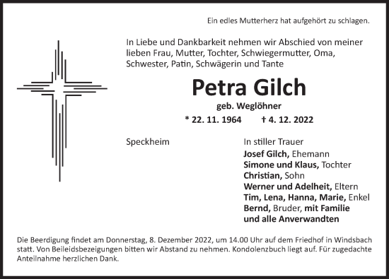 Traueranzeige von Petra Gilch von Ansbach