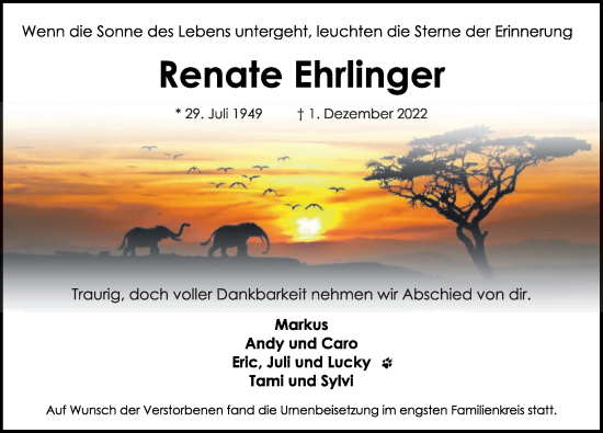 Traueranzeige von Renate Ehrlinger von Rothenburg