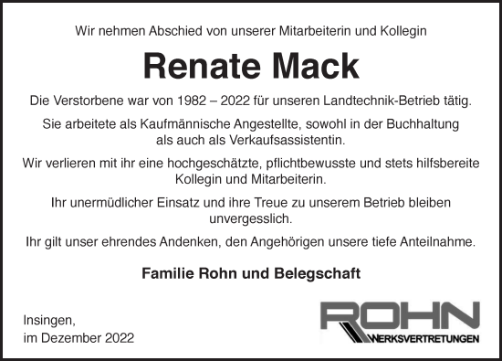 Traueranzeige von Renate Mack von Rothenburg