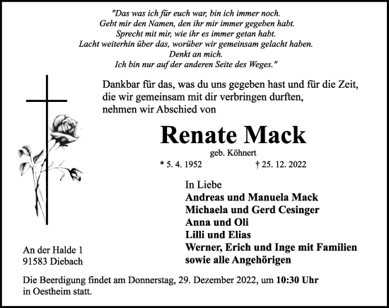 Traueranzeige von Renate Mack von Rothenburg