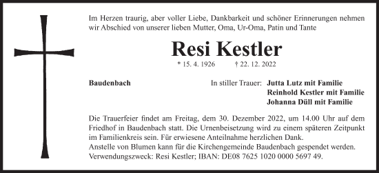 Traueranzeige von Resi Kestler von Neustadt/ Scheinfeld/ Uffenheim