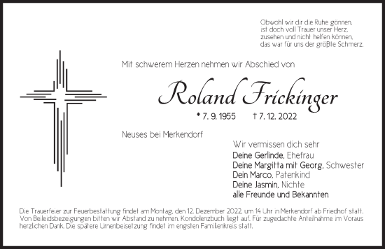 Traueranzeige von Roland Frickinger von Ansbach