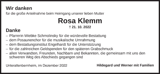 Traueranzeige von Rosa Klemm von Neustadt/ Scheinfeld/ Uffenheim