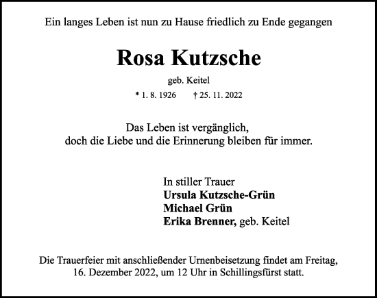 Traueranzeige von Rosa Kutzsche von Rothenburg