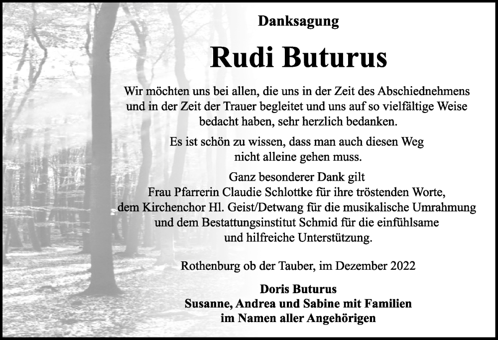  Traueranzeige für Rudi Buturus vom 23.12.2022 aus Rothenburg