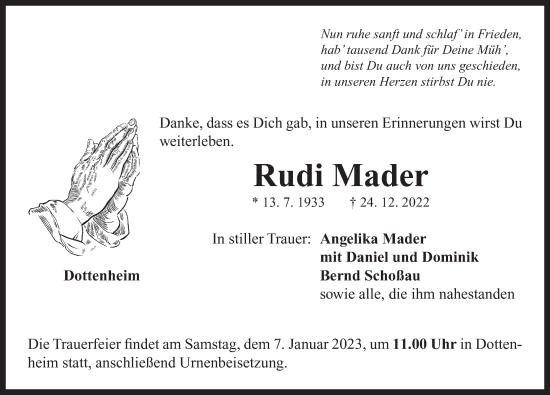 Traueranzeige von Rudi Mader von Neustadt/ Scheinfeld/ Uffenheim