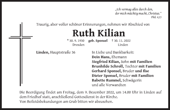 Traueranzeige von Ruth Kilian von Neustadt/ Scheinfeld/ Uffenheim