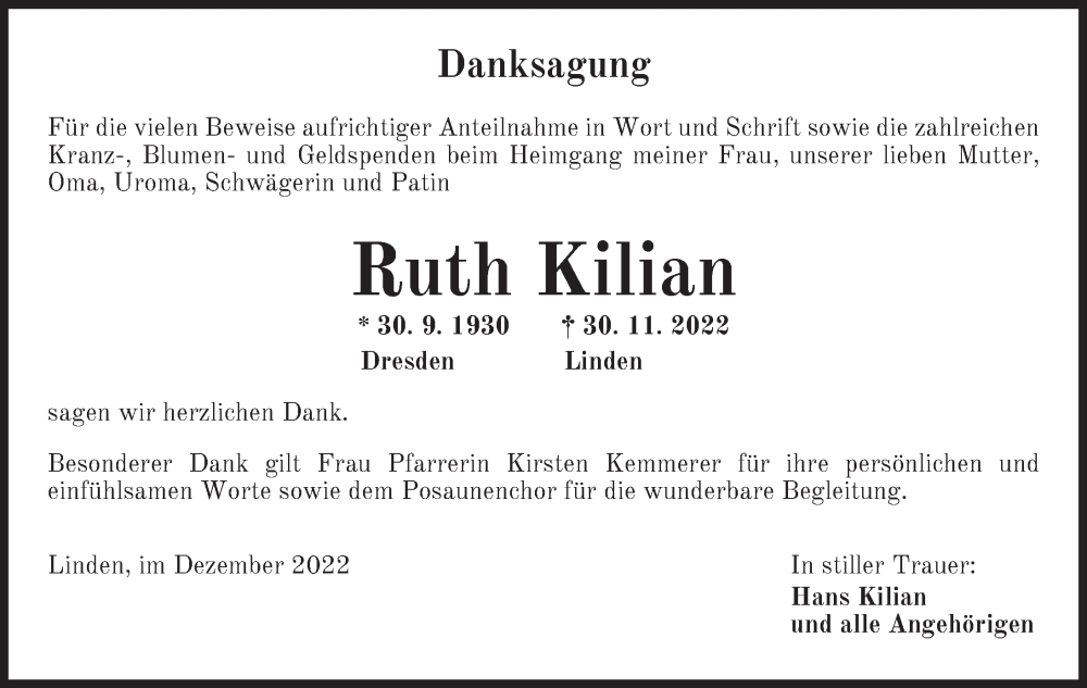  Traueranzeige für Ruth Kilian vom 22.12.2022 aus Neustadt/ Scheinfeld/ Uffenheim
