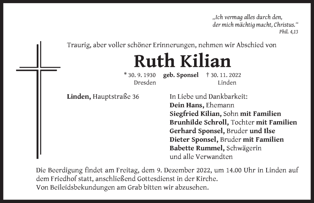  Traueranzeige für Ruth Kilian vom 07.12.2022 aus Neustadt/ Scheinfeld/ Uffenheim