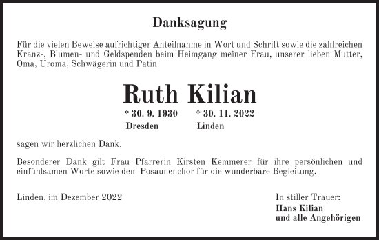 Traueranzeige von Ruth Kilian von Neustadt/ Scheinfeld/ Uffenheim