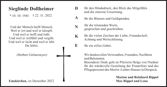 Traueranzeige von Sieglinde Dollheimer von Neustadt/ Scheinfeld/ Uffenheim