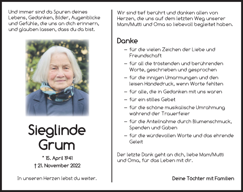  Traueranzeige für Sieglinde Grum vom 07.12.2022 aus Dinkelsbühl/ Feuchtwangen