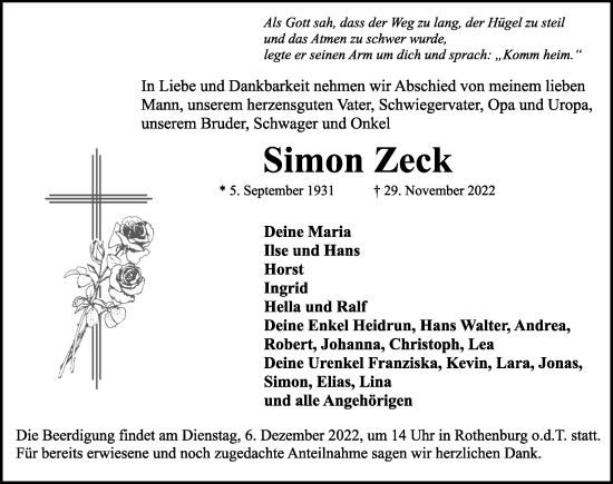 Traueranzeige von Simon Zeck von Rothenburg
