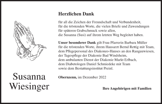 Traueranzeige von Susanna Wiesinger von Neustadt/ Scheinfeld/ Uffenheim