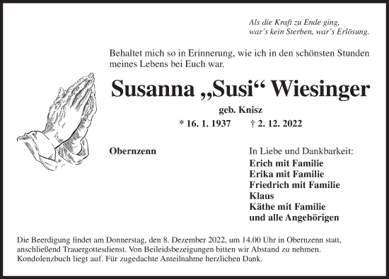 Traueranzeige von Susanna Wiesinger von Neustadt/ Scheinfeld/ Uffenheim