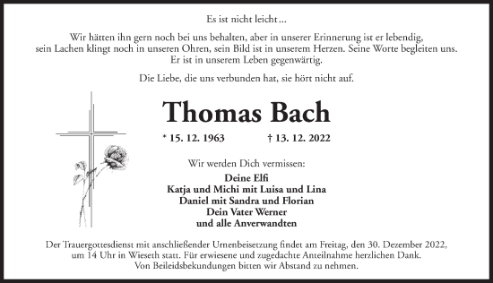 Traueranzeige von Thomas Bach von Dinkelsbühl/ Feuchtwangen