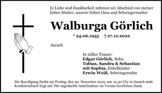 Traueranzeige von Walburga Görlich von Ansbach