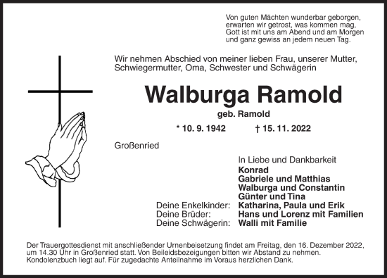 Traueranzeige von Walburga Ramold von Ansbach