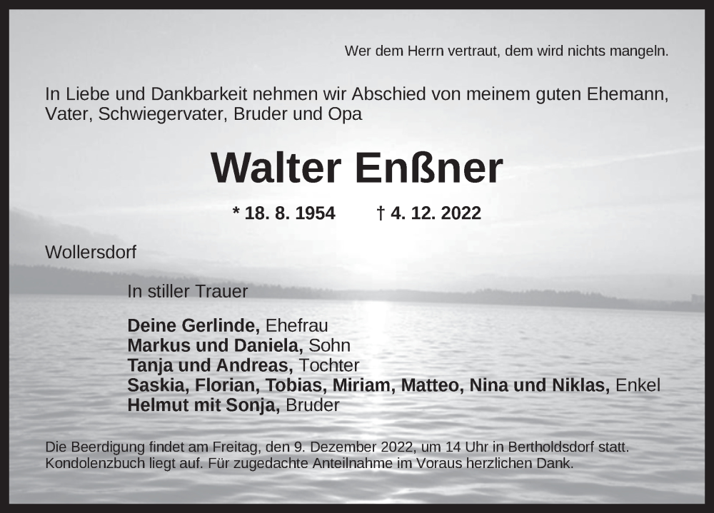  Traueranzeige für Walter Enßner vom 07.12.2022 aus Ansbach